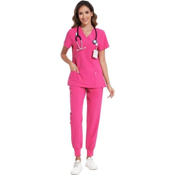 Scrubs for Women Set - Stretch V-Neck Scrub Top & Jogger Pant with 8 Pockets - Picture 1 of 7